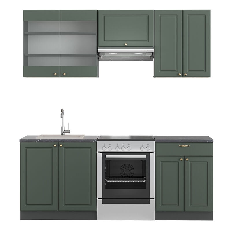 Vicco - Cuisine Fame-Line, Vert et or campagne/anthracite, 200 cm sans plan de travail