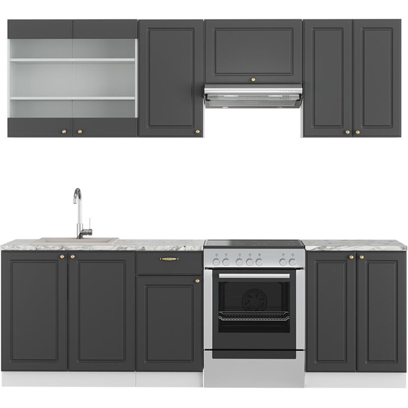 Vicco - Cuisine Fame-Line, Anthracite-or/blanc, 240 cm sans plan de travail