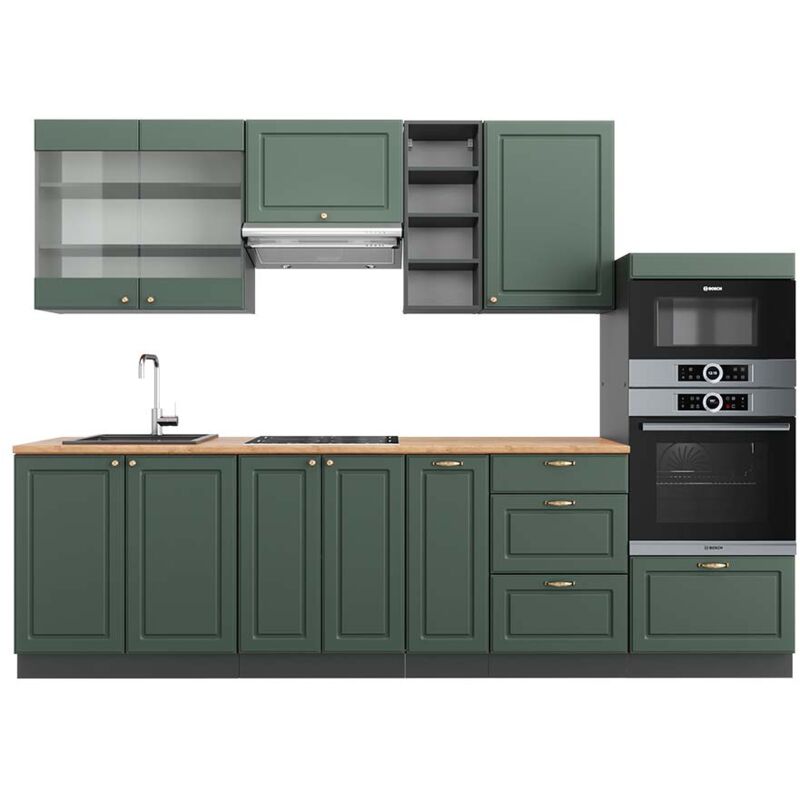 Vicco - Cuisine Fame-Line, Vert et or campagne/anthracite, 280 cm, pt Chêne