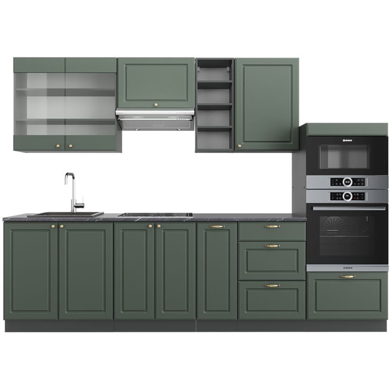 Vicco - Cuisine Fame-Line, Vert et or campagne/anthracite, 280 cm sans plan de travail