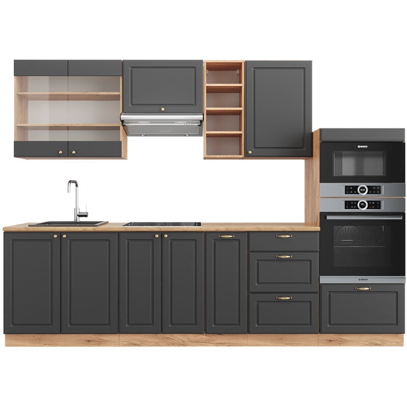 Vicco - Cuisine Fame-Line, Anthracite Campagne/Chêne doré, 280 cm sans plan de travail