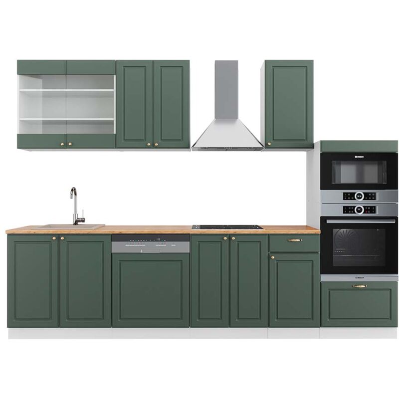 Vicco - Cuisine Fame-Line, Vert-Or Landhaus/Blanc, 300 cm avec armoire haute, pt Chêne