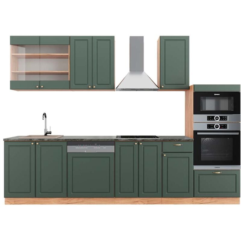 Vicco - Cuisine Fame-Line, Chêne vert et or/chêne doré, 300 cm avec armoire haute, pt Anthracite