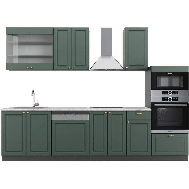 Vicco - Cuisine Fame-Line, Vert et or campagne/anthracite, 300 cm avec armoire haute, pt Marbre