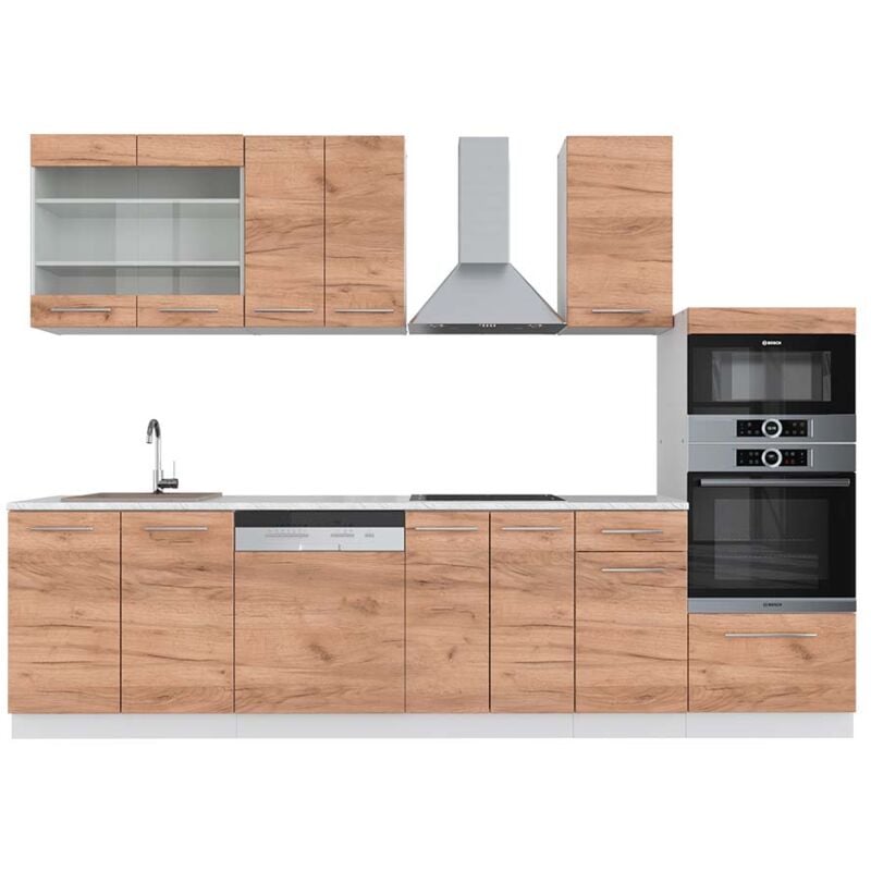 Cuisine Fame-Line, Chêne doré/blanc, 300 cm avec armoire haute, pt Marbre Vicco