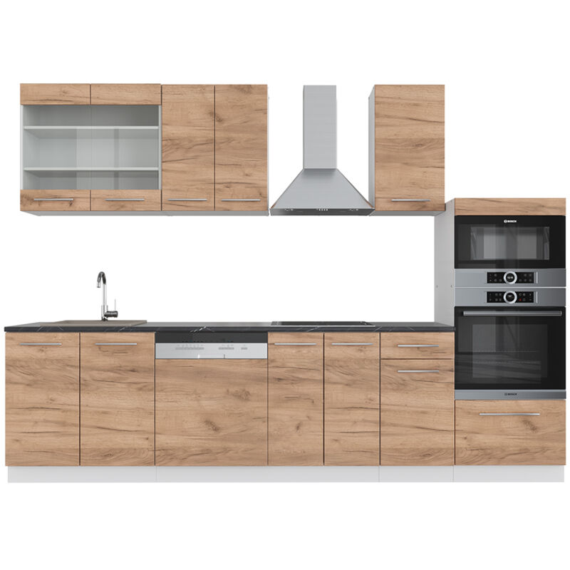 Vicco - Cuisine Fame-Line, Chêne doré/blanc, 300 cm avec armoire haute, sans plan de travail