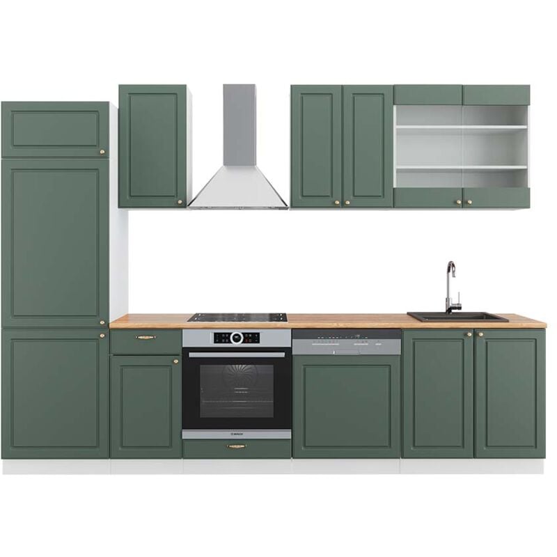 Cuisine Fame-Line, Vert-Or Landhaus/Blanc, 300 cm, pt Chêne Vicco