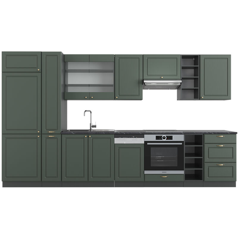 Vicco - Cuisine Fame-Line, Vert et or campagne/anthracite, 355 cm sans plan de travail