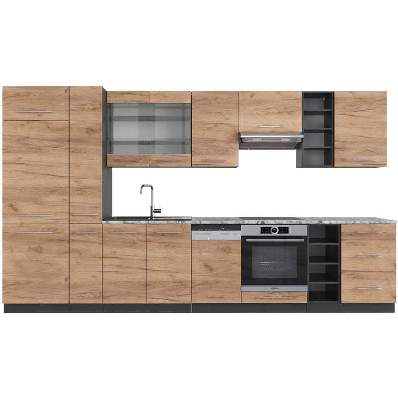 Vicco - Cuisine Fame-Line, Chêne doré/anthracite, 355 cm sans plan de travail