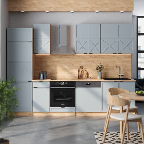 Cuisine Fame-Line, Bleu clair-gris/chêne force d'or, 300 cm sans plan de travail, Vicco