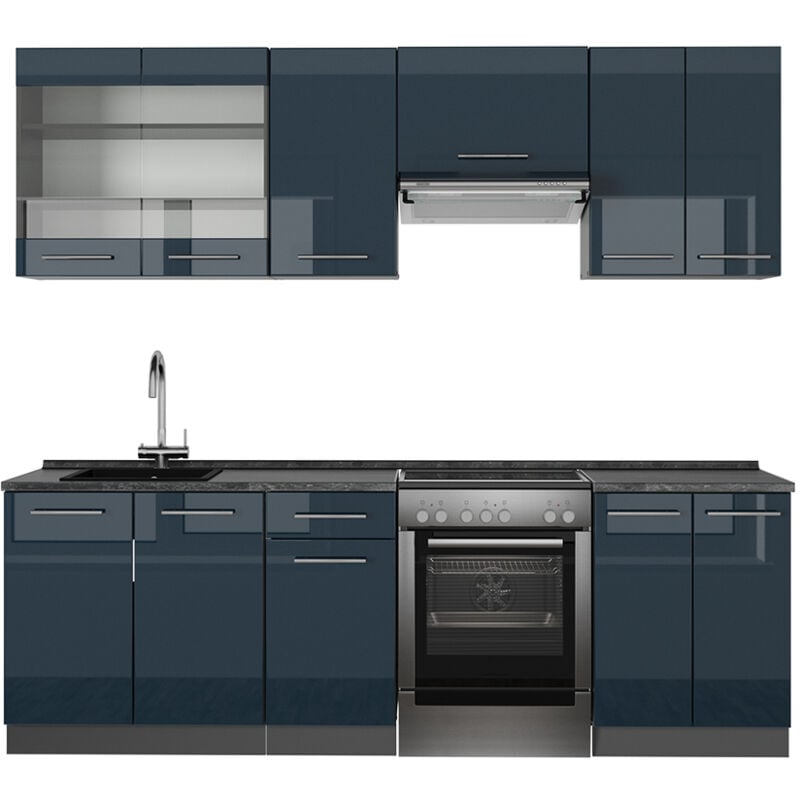 Vicco - Cuisine Fame-Line, Bleu foncé brillant/Anthracite, 240 cm sans plan de travail
