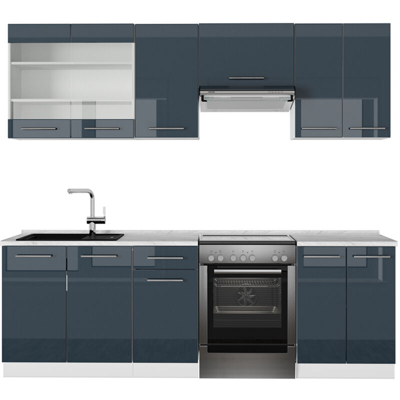 Vicco - Cuisine Fame-Line, bleu foncé brillant/blanc, 240 cm sans plan de travail