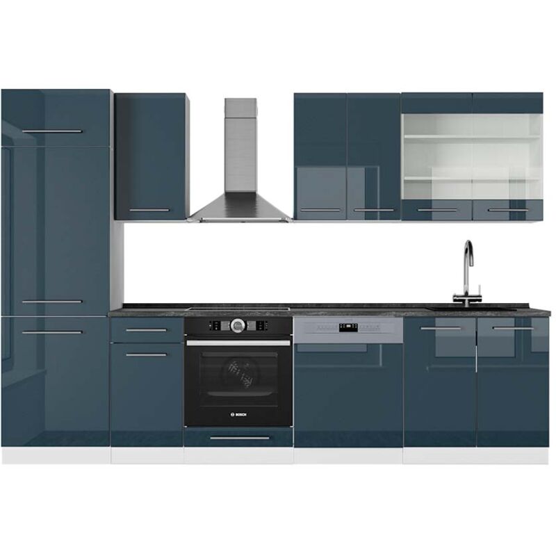 Vicco - Cuisine Fame-Line, bleu foncé brillant/blanc, 300 cm, pt Anthracite