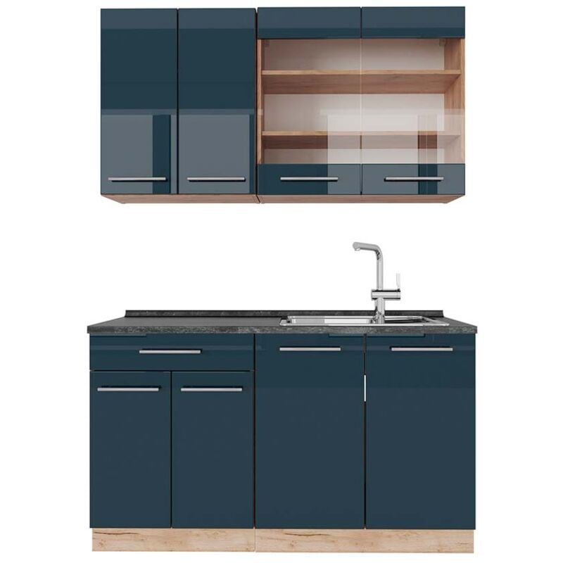 Cuisine Fame-Line, bleu foncé brillant/chêne doré, 140 cm, pt Anthracite Vicco