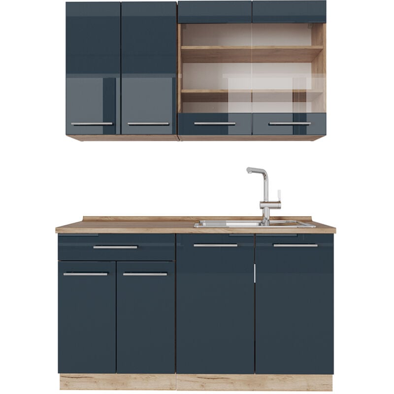 Vicco - Cuisine Fame-Line, bleu foncé brillant/chêne doré, 140 cm sans plan de travail