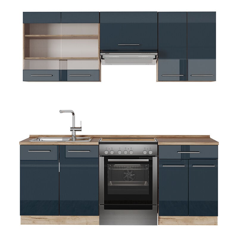 Vicco - Cuisine Fame-Line, bleu foncé brillant/chêne doré, 200 cm sans plan de travail