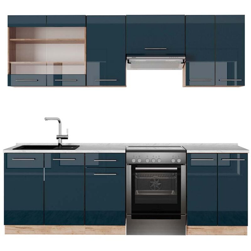 Vicco - Cuisine Fame-Line, bleu foncé brillant/chêne doré, 240 cm, pt Marbre