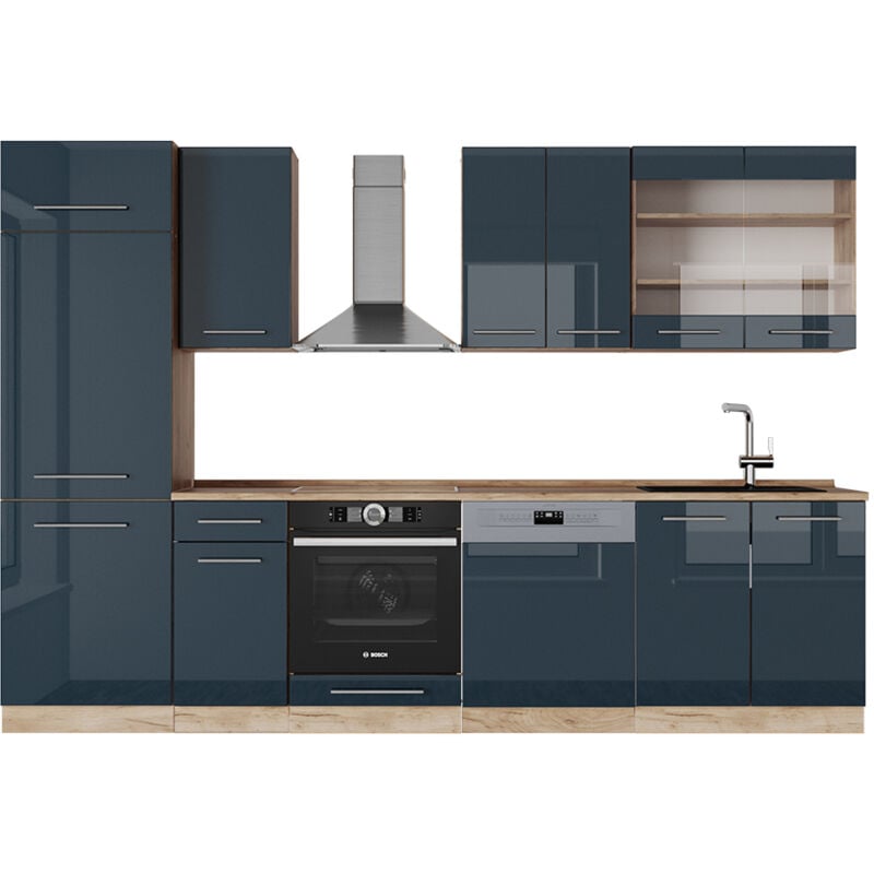 Cuisine Fame-Line, bleu foncé brillant/chêne doré, 300 cm sans plan de travail, Vicco