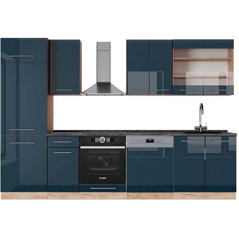 Vicco - Cuisine Fame-Line, bleu foncé brillant/chêne doré, 300 cm, pt Anthracite