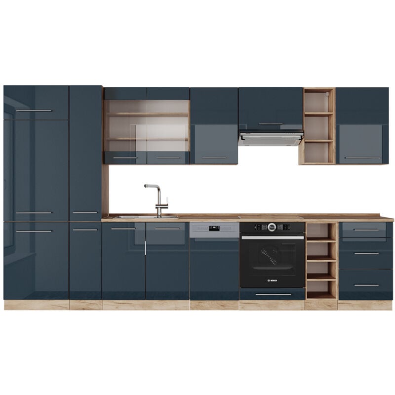 Vicco - Cuisine Fame-Line, bleu foncé brillant/chêne doré, 355 cm sans plan de travail