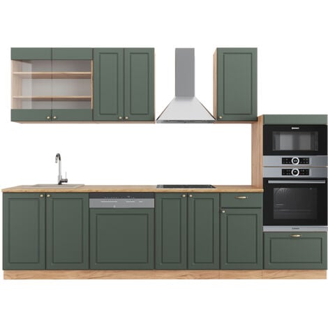 Cuisine Fame-Line, Chêne vert et or/chêne doré, 300 cm avec armoire haute, sans plan de travail, Vicco