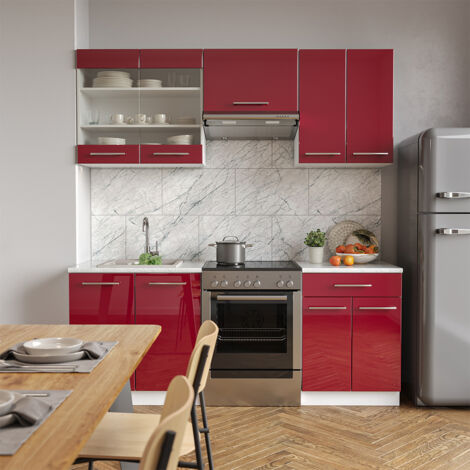 Cuisine Fame-Line, Rouge bordeaux Haute brillance, 200 cm sans plan de travail, Vicco