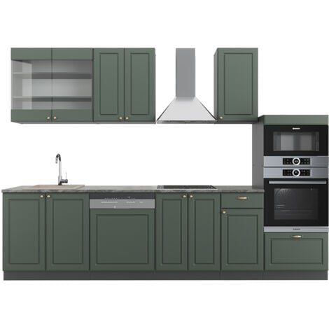 Cuisine Fame-Line, Vert et or campagne/anthracite, 300 cm avec armoire haute, sans plan de travail, Vicco
