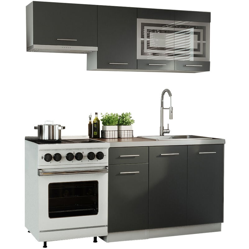 Cuisine giovanna 5 éléments - graphite mat 1m80 - portes vitrées à motif