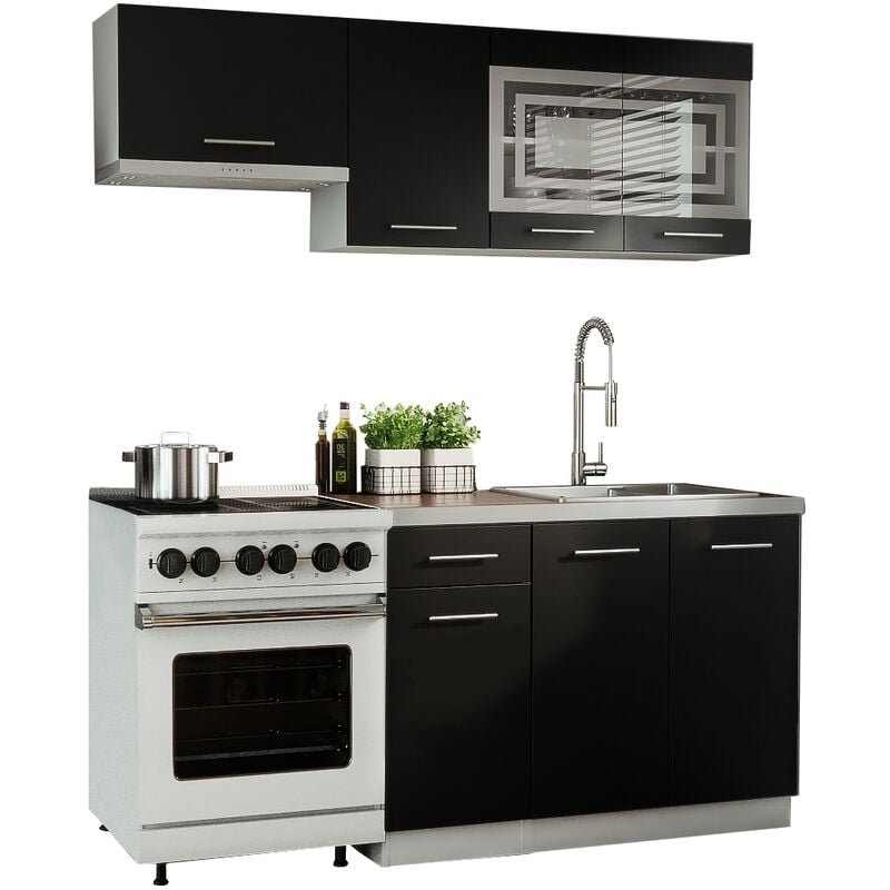 Cuisine giovanna 5 éléments - noir mat 1m80 - portes vitrées à motif