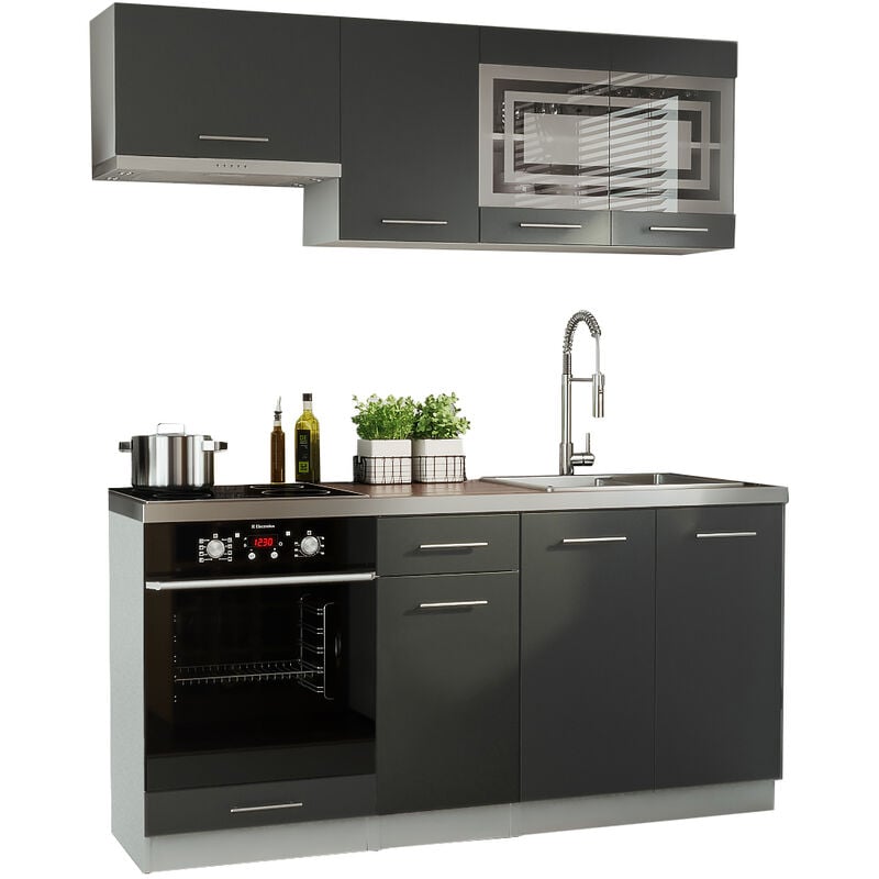 Cuisine giovanna 6 éléments - graphite mat 1m80 portes vitrées four encastrable