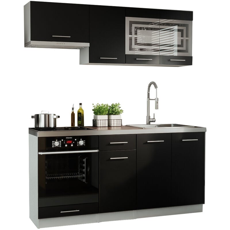 Cuisine giovanna 6 éléments - noir mat 1m80 portes vitrées four encastrable