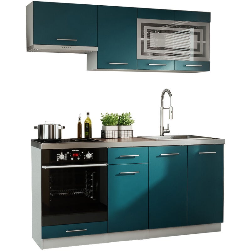 Cuisine giovanna 6 éléments - turquoise mat 1m80 portes vitrées four encastrable