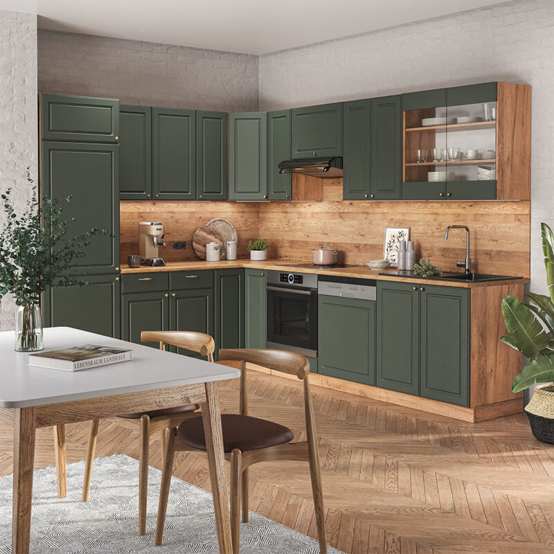 Vicco - Cuisine en angle Fame-Line, Chêne vert et or/chêne doré, 227 x 60 cm sans plan de travail
