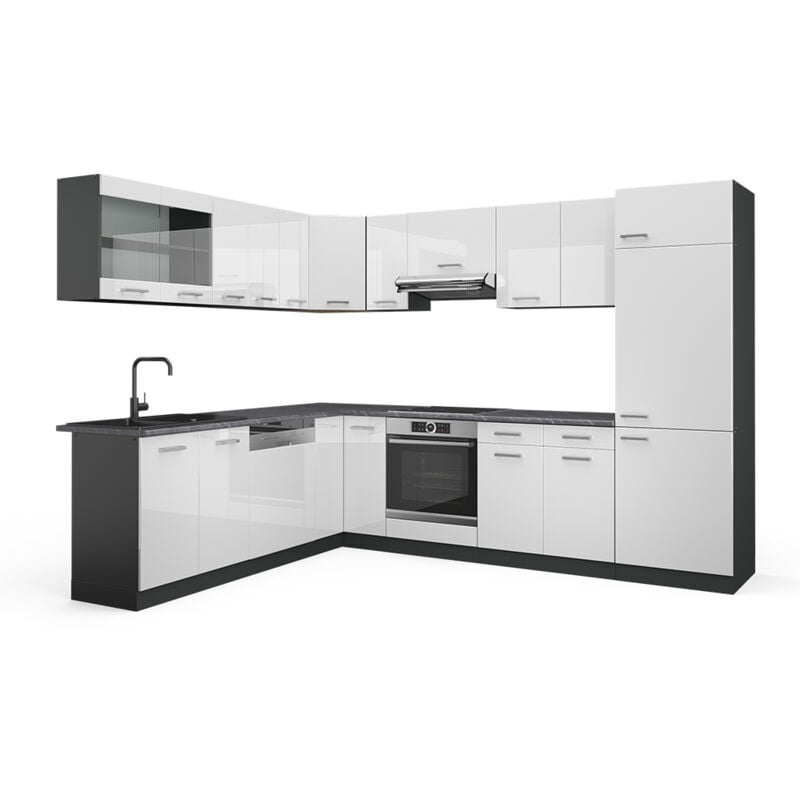 Cuisine en angle R-Line, Blanc brillant/Anthracite, 227 x 287 cm, PT Anthracite, Vicco