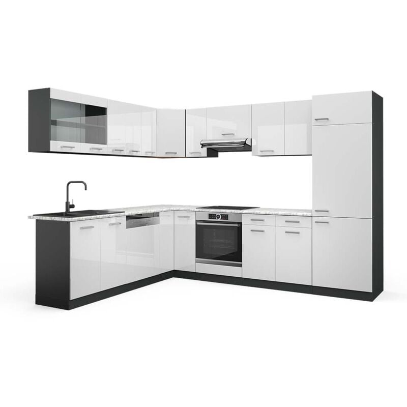 Vicco - Cuisine en angle R-Line, Blanc brillant/Anthracite, 227 x 287 cm, pt Marbre