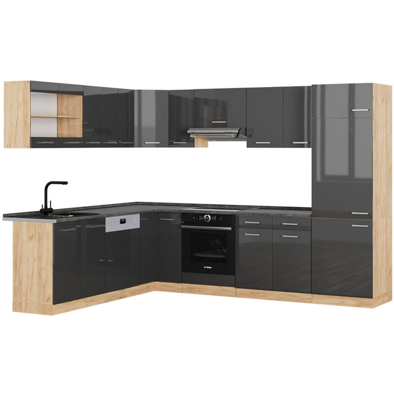 Vicco - Cuisine en angle R-Line, Anthracite brillant/Chêne doré, 227 x 287 cm, pt Anthracite