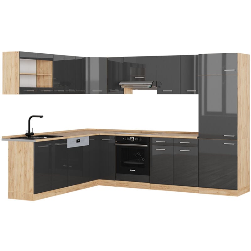 Vicco - Cuisine en angle R-Line, Anthracite brillant/Chêne doré, 227 x 287 cm sans plan de travail