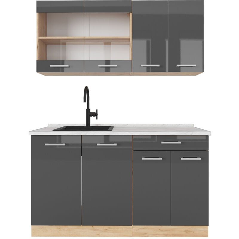 Cuisine R-Line, Anthracite brillant/Chêne doré, 140 cm, pt Marbre Vicco