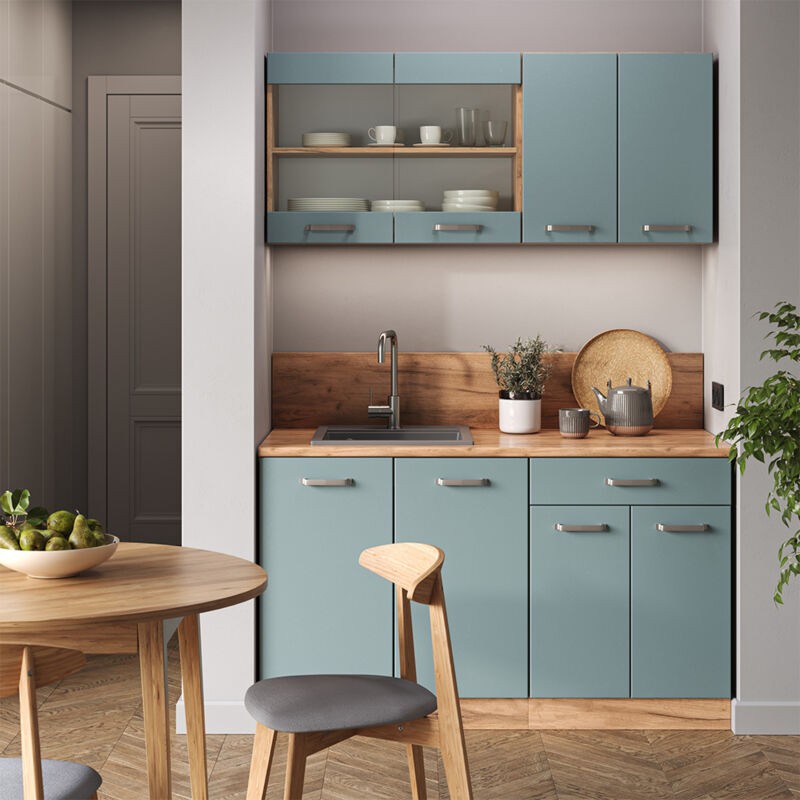 Vicco - Cuisine R-Line, Bleu-gris/chêne doré, 140 cm sans plan de travail