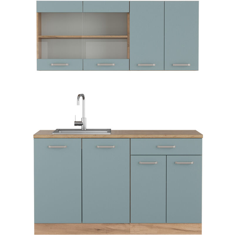 Vicco - Cuisine R-Line, Bleu-gris/chêne doré, 140 cm, pt Chêne