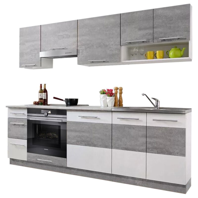 Cuisine lax 8 éléments - beton et blanc mat 240 cm