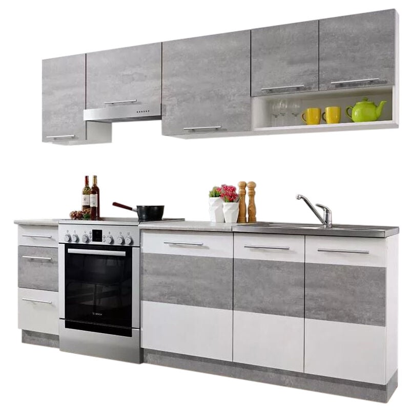 Dusine - Cuisine lax finition beton et blanc mat 7 éléments 240 cm