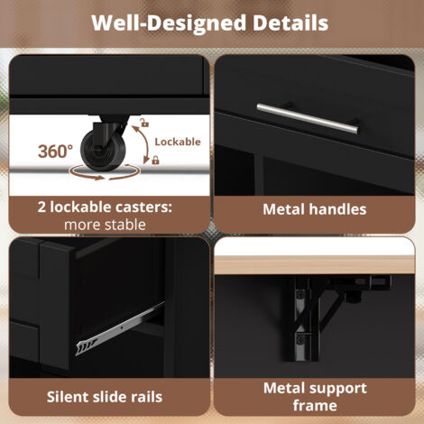 Cuisine portable avec plan de travail rétractable. Table de cuisine sur roulettes, avec étagère pour les vins, meuble à vitres, étagère pour les épices et porte-serviettes. Dimensions : 120x45/70x92 c