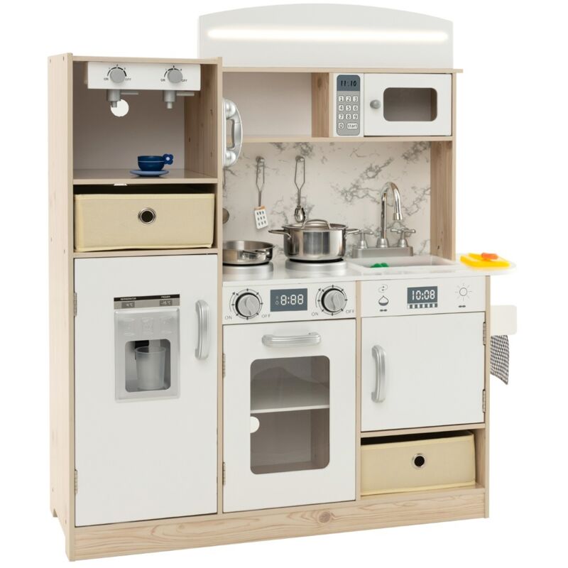 Cuisine pour Enfants Cuisine de Jeu en Bois avec Lumières LED Réglables Bacs en Tissu Amovibles & Étagères Jouet pour 3 Ans+ Blanc