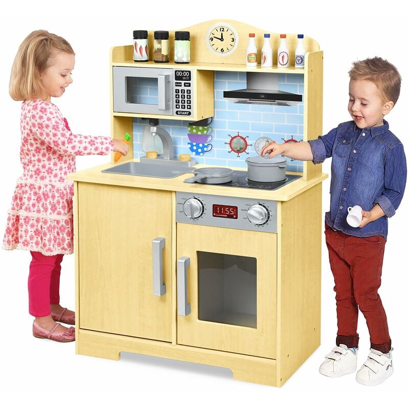 Uisebrt - Cuisine de jeu en bois pour enfants, cuisine de jeu extérieure massif comprenant des accessoires tels que micro-ondes, four, évier,