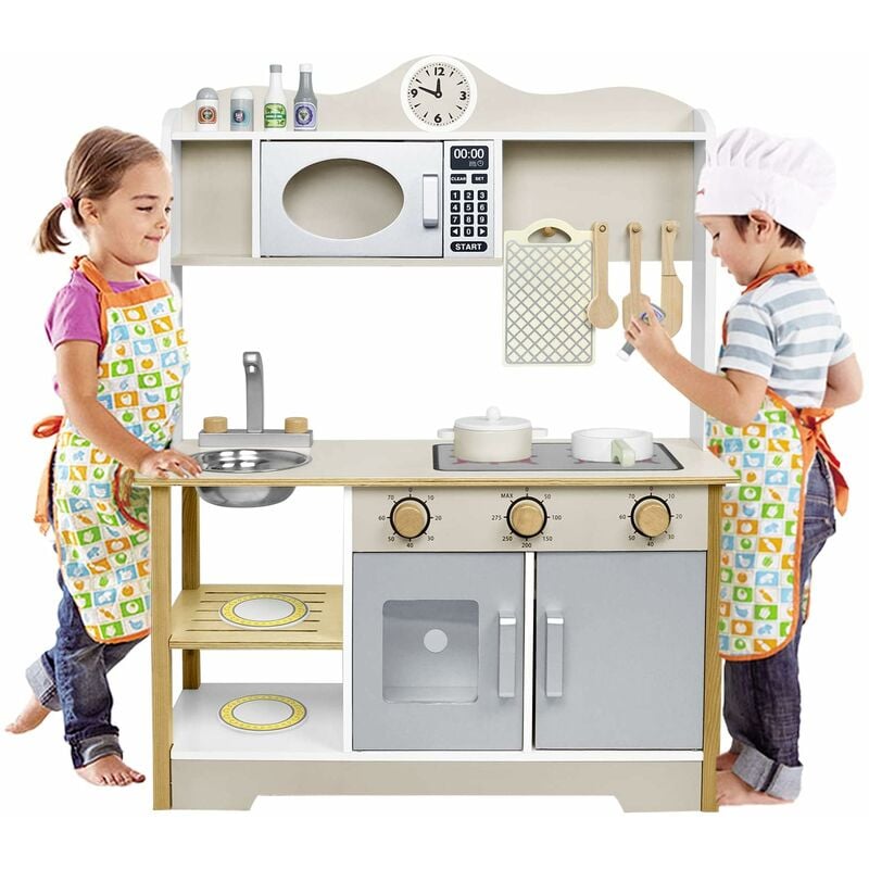Uisebrt - Cuisine pour enfants en bois avec de nombreux accessoires - comprend un micro-ondes, un four, un évier, des ustensiles de cuisine et des