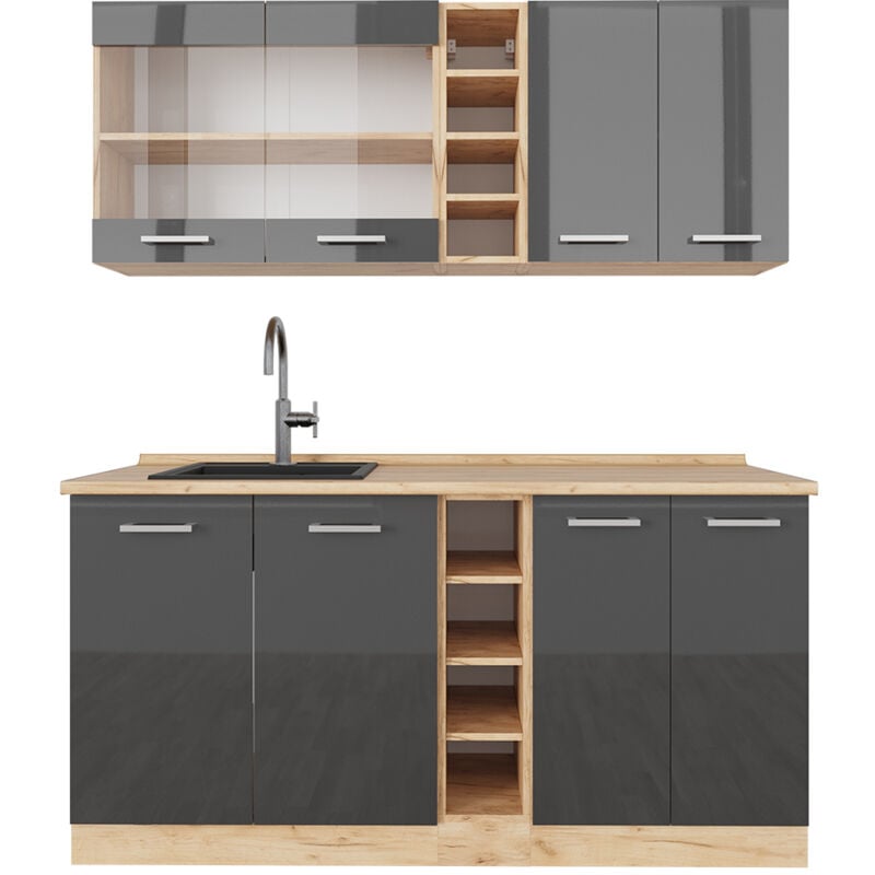 Cuisine R-Line, Anthracite brillant/Chêne doré, 160 cm sans plan de travail Vicco