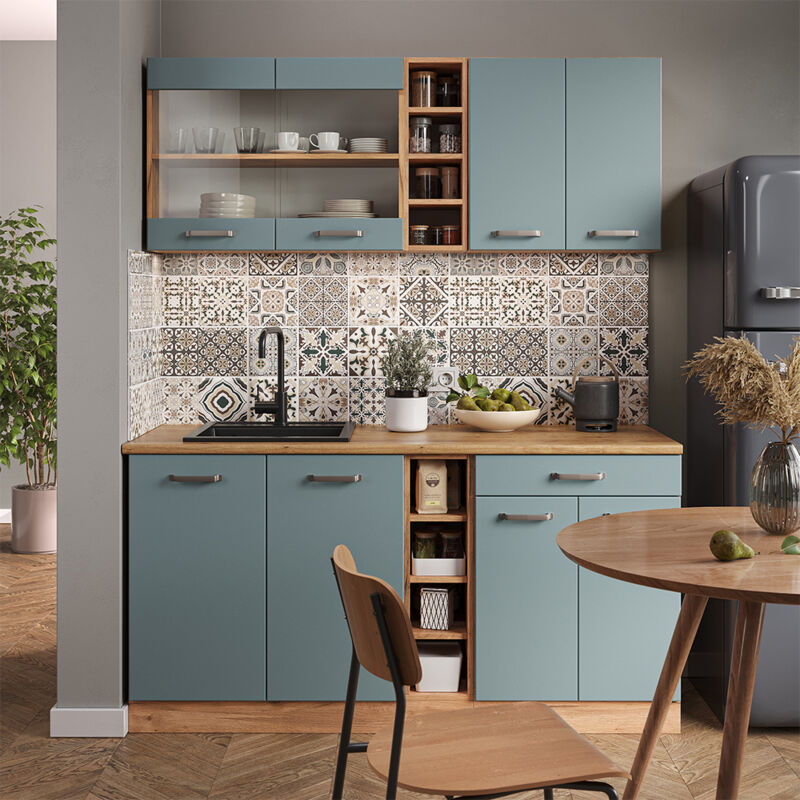 Vicco - Cuisine R-Line, Bleu-gris/chêne doré, 160 cm sans plan de travail