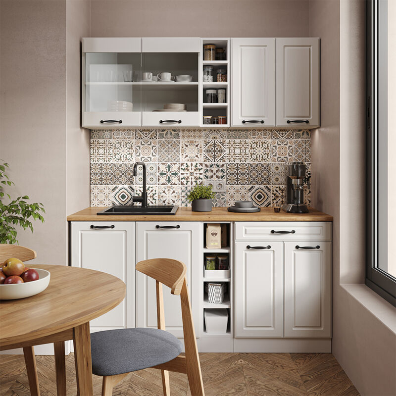 Vicco - Cuisine R-Line, Blanc campagne/blanc, 160 cm sans plan de travail