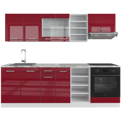 Cuisine „R-Line“ 240cm bordeaux-rouge ultra-brillant/Blanc avec Plan de travail Vicco